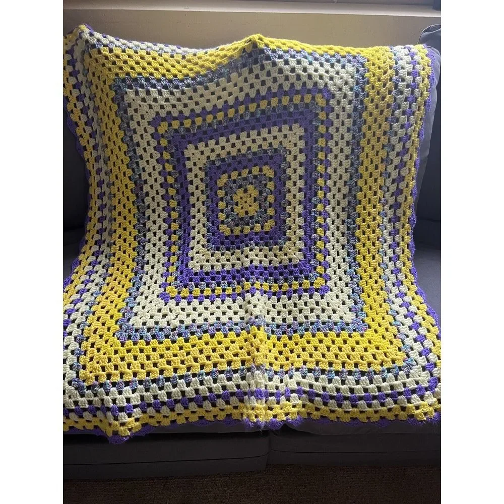 Crochet Afghan Purple Yellow Granny Blanket Cottagecore Lap Throw 48x40 Handmade